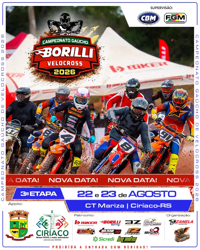 Imagem 3ª etapa do Campeonato Gaúcho Borilli Velocross tem nova data e acontece nos dias 22 e 23 de agosto em Ciríaco