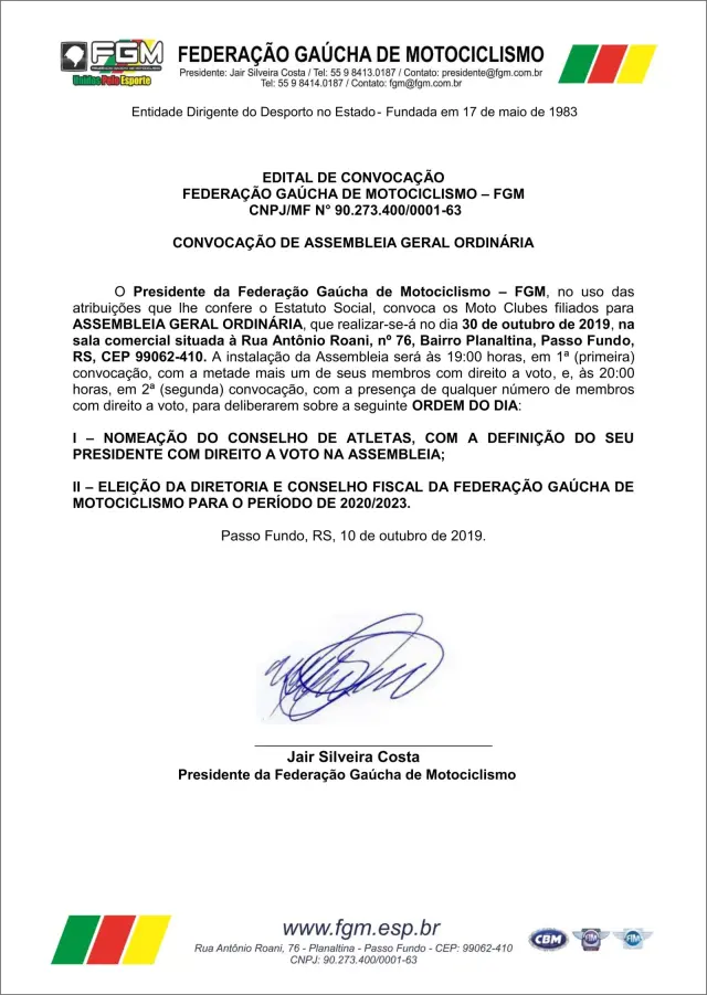 Imagem EDITAL DE CONVOCAÇÃO ASSEMBLÉIA GERAL ORDINÁRIA - 30/10/2019