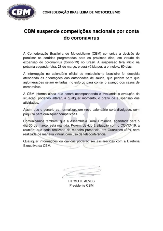 Imagem CBM suspende competições nacionais por conta do Coronavírus.